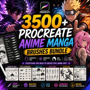 3500+ Procreate Anime Manga Pinsel Bundle | Charakter Gesicht Augen Haar Körper Stempel | Digitales Zeichen-Kit für iPad