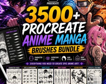 Könnte beinhalten: Digitales Kunstpaket für Procreate mit Anime- und Manga-Pinseln. Das Bild zeigt Anime-Charaktere, ein Tablet mit Pinselkategorien und den Text "3500+ Procreate Anime Manga Brushes Bundle". Enthält Gesichter von Charakteren, Frisuren und Körperstempel.