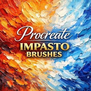 May include: An abstract digital art image with a textured, impasto style. The background is split diagonally, with orange and yellow on the left and blue and white on the right. The text "Procreate IMPASTO BRUSHES" is overlaid in white and gold.