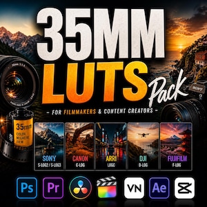 以下が含まれることがあります： 35mm LUTS パックのプロモーション画像。フィルムカメラ、フィルムロール、さまざまな風景画像が特徴です。「35MM LUTS Pack」のテキストが目立ち、ソフトウェアアイコンとレンズの詳細も表示されています。
