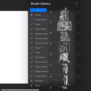 May include: A digital interface showing a Brush Library menu with a list of categories including Ancient Greek, Wings, Snake Stamps, Japanese Tattoo, Mythology Statue, and Oldschool Banners. The right side displays numbered brush previews.