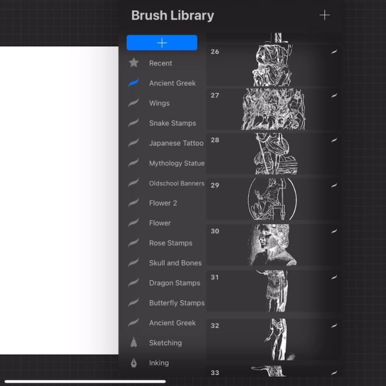 May include: A digital interface showing a Brush Library menu with a list of categories including Ancient Greek, Wings, Snake Stamps, Japanese Tattoo, Mythology Statue, and Oldschool Banners. The right side displays numbered brush previews.