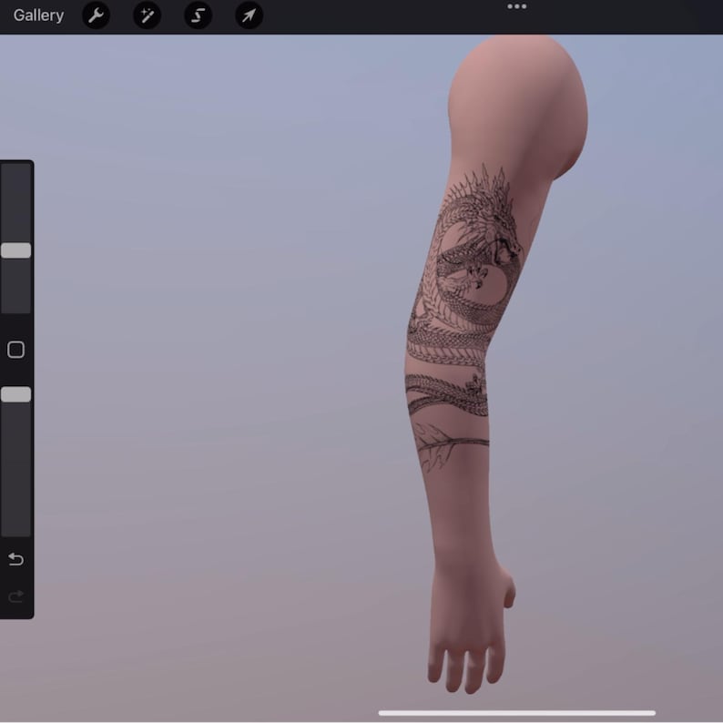 May include: A digital 3D model of a human arm featuring a detailed black ink tattoo of a coiled dragon. The dragon design wraps around the forearm and upper arm, showcasing intricate scales, sharp claws, and a flowing tail, displayed on a plain background.