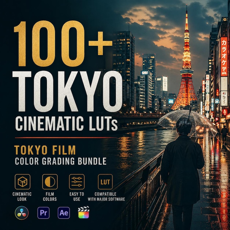 K&ouml;nnte beinhalten: Werbebild f&uuml;r ein Tokyo-Film-Farbkorrektur-Bundle. Der Text lautet "100+ TOKYO CINEMATIC LUTS" mit Symbolen f&uuml;r den filmischen Look, Filmfarben, einfache Bedienung und Kompatibilit&auml;t mit g&auml;ngiger Software. Der Hintergrund zeigt den Tokyo Tower und eine Person mit einem Regenschirm.