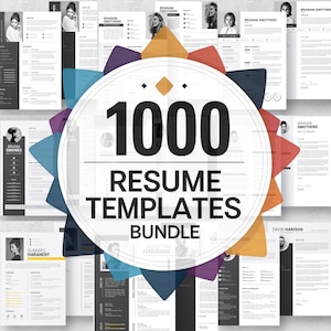 Op de afbeelding: Een bundel van 1000 cv-sjablonen. De afbeelding toont een centraal cirkelvormig ontwerp met de tekst "1000 RESUME TEMPLATES BUNDLE" in het zwart. Verschillende cv-voorbeelden met profielfoto's en tekst omringen het centrale ontwerp.