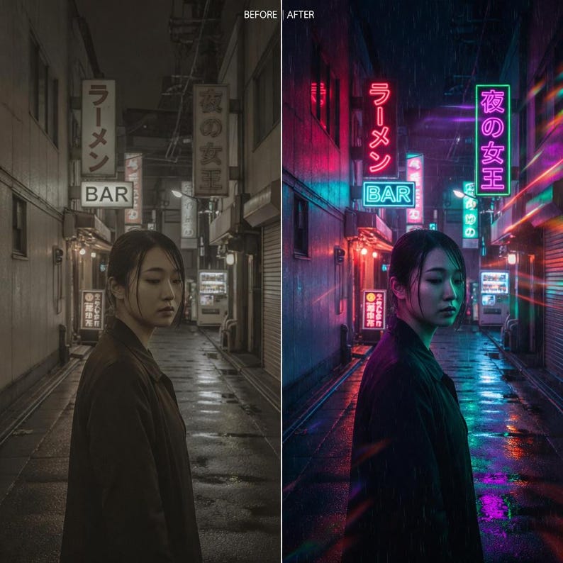 K&ouml;nnte beinhalten: Ein Vorher-Nachher-Bild einer Frau in einer dunklen Gasse. Das &bdquo;Vorher&ldquo;-Bild ist in Graustufen, w&auml;hrend das &bdquo;Nachher&ldquo;-Bild lebendig ist mit Neon-Schildern auf Japanisch. Die Schilder lauten &bdquo;Ramen&ldquo; und &bdquo;Bar&ldquo;.