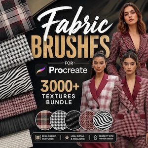 May include: A digital bundle of 3000+ fabric brushes for Procreate featuring various textile patterns like plaid, houndstooth, and zebra print. The image displays swatches of these textures alongside models wearing blazers with similar patterns.