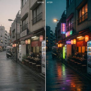K&ouml;nnte beinhalten: Eine japanische Stra&szlig;enszene in der D&auml;mmerung mit einem Caf&eacute; und Verkaufsautomaten. Die nasse Stra&szlig;e spiegelt die Neonlichter der Gesch&auml;fte wider. Das Bild ist geteilt und zeigt eine Vorher-Nachher-Bearbeitung.