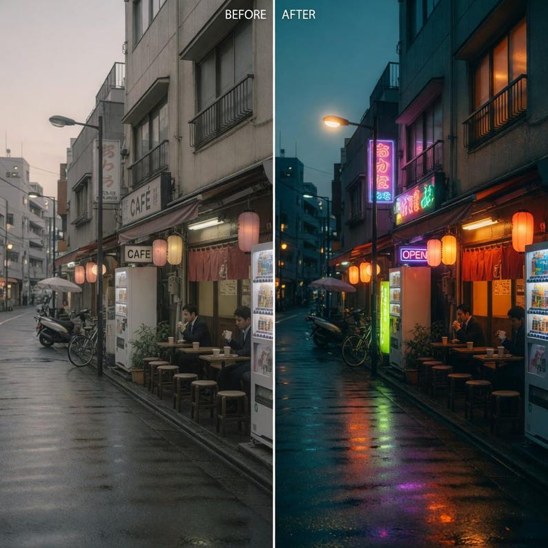 K&ouml;nnte beinhalten: Eine japanische Stra&szlig;enszene in der D&auml;mmerung mit einem Caf&eacute; und Verkaufsautomaten. Die nasse Stra&szlig;e spiegelt die Neonlichter der Gesch&auml;fte wider. Das Bild ist geteilt und zeigt eine Vorher-Nachher-Bearbeitung.