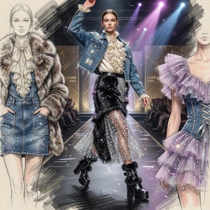 May include: Fashion illustration featuring three models on a runway. One model wears a denim jacket, a ruffled blouse, a black fur skirt, and platform boots. Another model is in a denim skirt and a fur coat. The text "LUXE FW24" is visible.