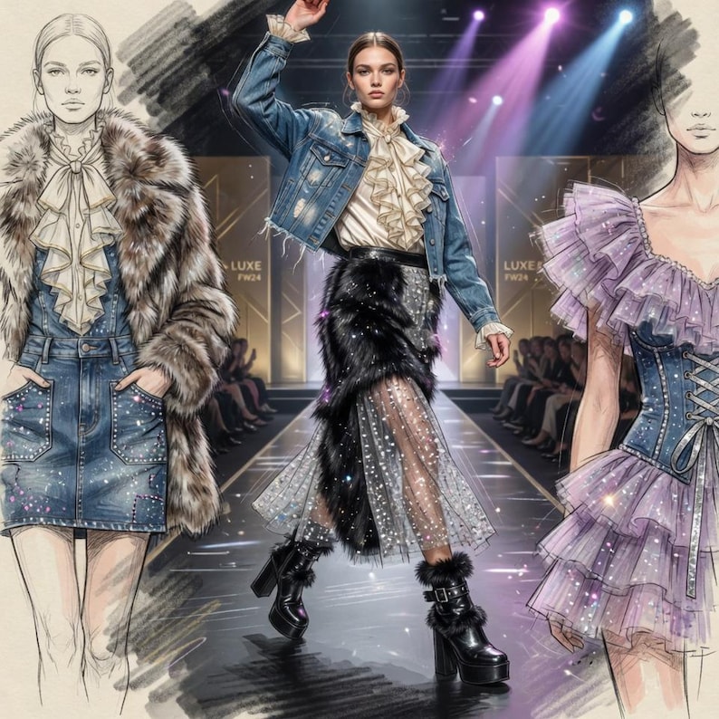 May include: Fashion illustration featuring three models on a runway. One model wears a denim jacket, a ruffled blouse, a black fur skirt, and platform boots. Another model is in a denim skirt and a fur coat. The text "LUXE FW24" is visible.