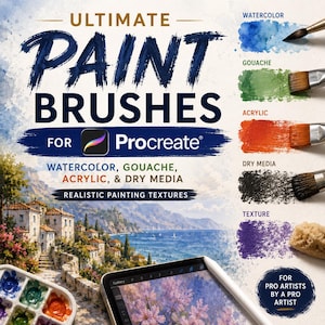 Pode incluir: Um anúncio de produto digital intitulado Ultimate Paint Brushes for Procreate com texto para aquarela, guache, acrílico, meios secos e textura. A imagem exibe uma pintura de paisagem costeira, uma paleta de tintas e pinceladas.