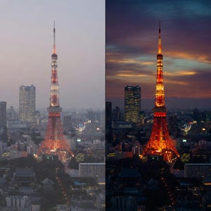 K&ouml;nnte beinhalten: Ein geteiltes Bild zeigt den Tokyo Tower in der D&auml;mmerung und bei Nacht. Der Turm, eine rot-wei&szlig;e Gitterstruktur, ist vor einer Stadtlandschaft beleuchtet. Die linke Seite zeigt eine sanftere Szene in der Abendd&auml;mmerung, w&auml;hrend die rechte Seite den Turm hell beleuchtet zeigt.