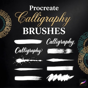 May include: Black background with the words "Procreate Calligraphy BRUSHES" in gold and white. The image displays various white brush strokes and the word "Calligraphy" in a cursive font. Decorative circular designs are on the left and right.