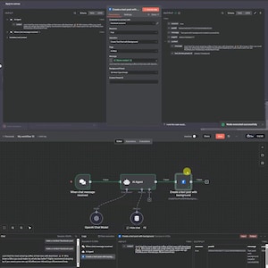 May include: A dark gray computer screen displays a workflow diagram with nodes labeled "When chat message received", "AI Agent", and "Create a text post with background". Text includes "OUTPUT" and "INPUT".