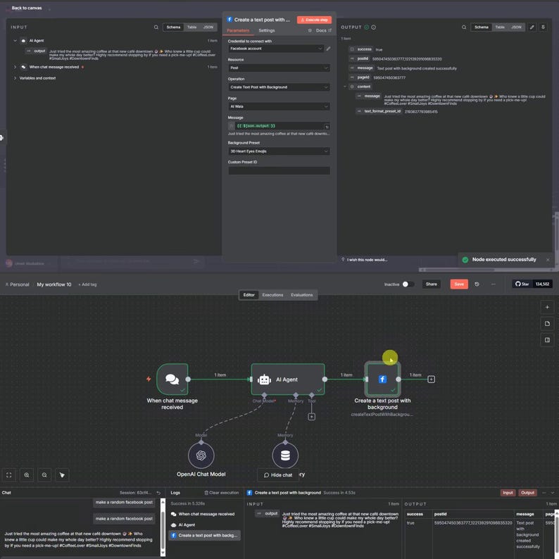 May include: A dark gray computer screen displays a workflow diagram with nodes labeled "When chat message received", "AI Agent", and "Create a text post with background". Text includes "OUTPUT" and "INPUT".