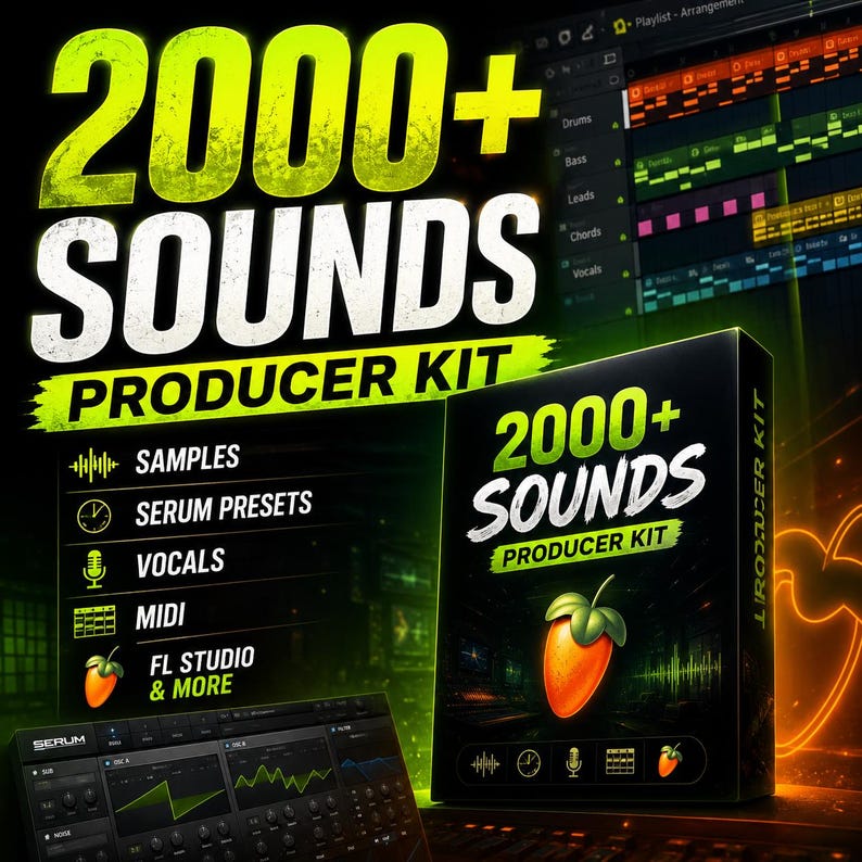 Kit de producción con más de 2000 sonidos / Muestras, presets para Serum, voces, MIDI, FL Studio, Ableton y Logic Pro. imagen 1