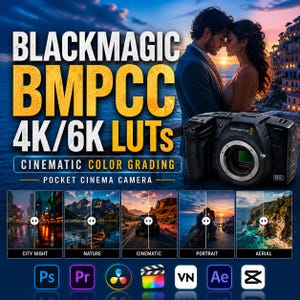 以下が含まれることがあります： Blackmagic Pocket Cinema Camera (BMPCC) のプロモーション画像。テキストには「4K/6K LUTS」と「Cinematic Color Grading」が含まれています。カメラ、カップル、映画のシーンのサンプルが表示されています。ソフトウェアのアイコンも表示されています。