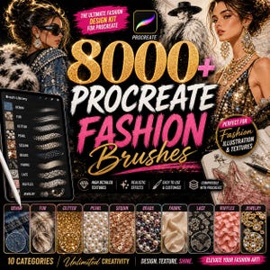 Peut inclure: Kit de conception d'art numérique pour Procreate avec plus de 8000 pinceaux de mode. Comprend des pinceaux pour le denim, la fourrure, les paillettes, les perles, les sequins, les perles, le tissu, la dentelle, les volants et les bijoux.