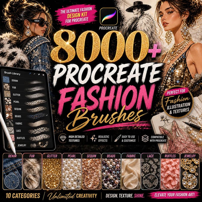 May include: Digital art design kit for Procreate with over 8000 fashion brushes. Includes brushes for denim, fur, glitter, pearl, sequin, beads, fabric, lace, ruffles, and jewelry. Features high detailed textures and realistic effects.