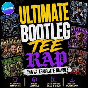 Pacote de Templates Editáveis para Camisetas Bootleg Rap no Canva | Designs Gráficos Editáveis para Camisetas | Pacote de Mockups para Camisetas Retrô de Hip Hop