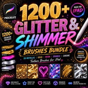 以下が含まれることがあります： 1200以上のグリッターとシマーブラシバンドルのデジタルアート広告。 金、ネオン、クロムなどのブラシテクスチャの例が表示され、「iPad用テクスチャブラシ」と「無限の輝きの創造的な可能性」というテキストが含まれています。