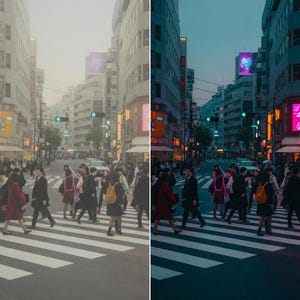 K&ouml;nnte beinhalten: Eine gesch&auml;ftige Stra&szlig;enszene in Tokio, Japan, mit Fu&szlig;g&auml;ngern, die einen Zebrastreifen &uuml;berqueren. Geb&auml;ude s&auml;umen die Stra&szlig;e, mit Neonreklamen und Lichtern, die die Gegend beleuchten. Menschen tragen Business-Kleidung und tragen Rucks&auml;cke.