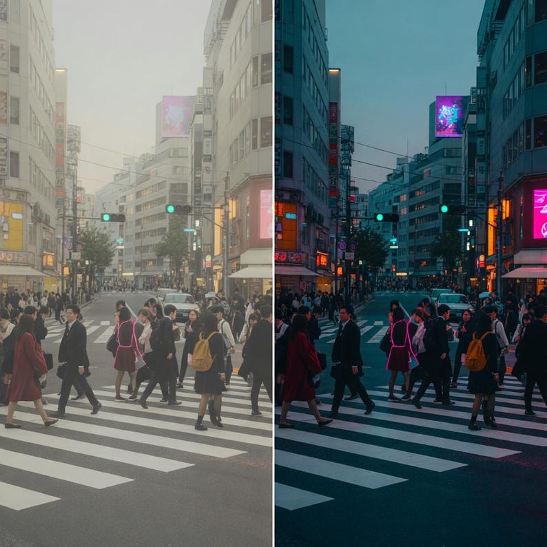 K&ouml;nnte beinhalten: Eine gesch&auml;ftige Stra&szlig;enszene in Tokio, Japan, mit Fu&szlig;g&auml;ngern, die einen Zebrastreifen &uuml;berqueren. Geb&auml;ude s&auml;umen die Stra&szlig;e, mit Neonreklamen und Lichtern, die die Gegend beleuchten. Menschen tragen Business-Kleidung und tragen Rucks&auml;cke.