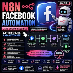 Puede incluir: Gráfico que promociona la automatización de Facebook con el texto "N8N FACEBOOK AUTOMATION". La imagen presenta un logotipo de Facebook, un robot y diagramas de flujo de trabajo. Destaca características como cero codificación, automatización en tiempo real e integración de IA.