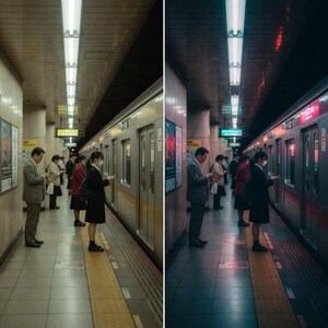K&ouml;nnte beinhalten: Eine U-Bahn-Plattform mit Menschen, die auf einen Zug warten. Der Zug ist silberfarben mit roten Akzenten. Personen benutzen ihre Telefone. Der Bahnsteig hat gelbe und graue Fliesen. &Uuml;berkopf befinden sich lange, helle Lichter.