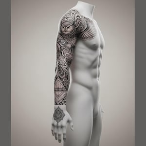 May include: A white mannequin torso featuring a detailed black and gray tattoo design on the right arm. The tattoo includes an owl on the shoulder, intricate floral scrollwork, geometric triangle patterns on the forearm, and a mandala on the hand.