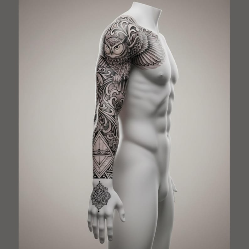 May include: A white mannequin torso featuring a detailed black and gray tattoo design on the right arm. The tattoo includes an owl on the shoulder, intricate floral scrollwork, geometric triangle patterns on the forearm, and a mandala on the hand.