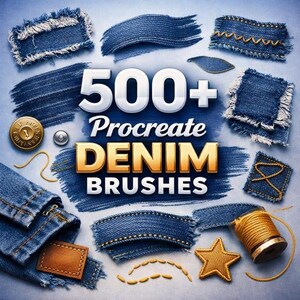 May include: An image showcasing various denim textures and elements, including frayed edges, stitched details, and a spool of thread. The text "500+ Procreate DENIM BRUSHES" is prominently displayed, suggesting digital art supplies for creating denim effects.