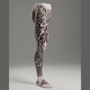 May include: Full-length leggings featuring a detailed black and white grayscale print. The design displays an intricate baroque-style pattern with scrolling foliage, floral motifs, and a central cherub figure. The pattern extends down to the foot.