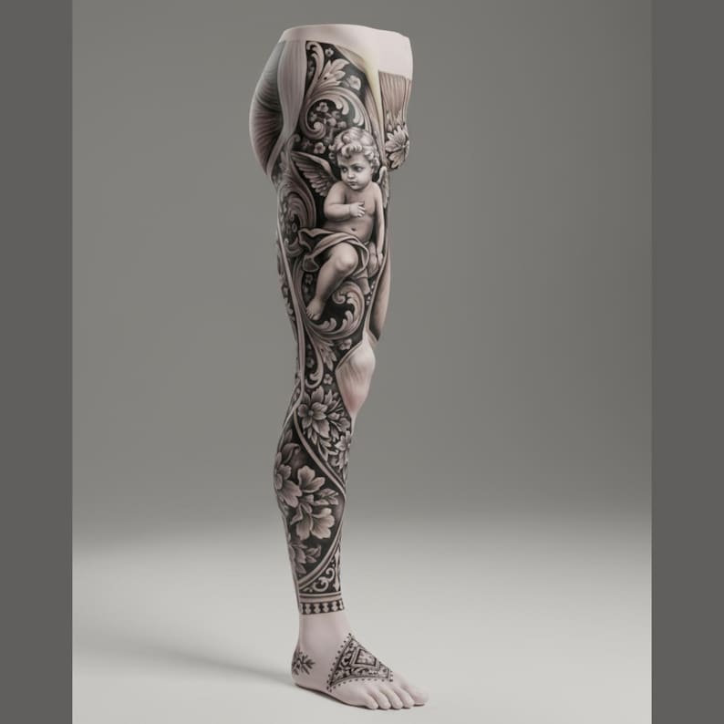 May include: Full-length leggings featuring a detailed black and white grayscale print. The design displays an intricate baroque-style pattern with scrolling foliage, floral motifs, and a central cherub figure. The pattern extends down to the foot.