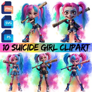 Suicide Girl Digital Art Pack | 10 PNGs | Alt, Emo, Punk Aesthetic Clipart, Punk Rock Girl Clipart Set | Transparent Tattoo PNGs