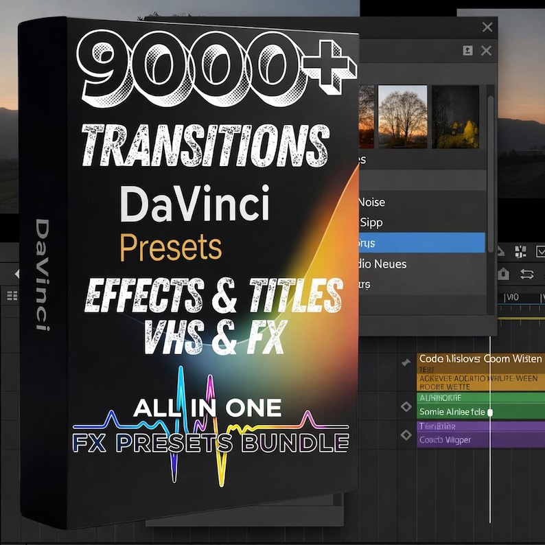 May include: A black box with the text "9000+ TRANSITIONS DaVinci Presets EFFECTS & TITLES VHS & FX ALL IN ONE FX PRESETS BUNDLE" in white and gold. The DaVinci logo is on the side. A computer screen with video editing software is visible.