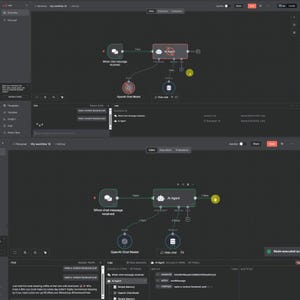 May include: A dark gray computer screen displays a workflow diagram with interconnected nodes. The diagram includes text labels like "When chat message received" and "AI Agent." The interface has a modern, clean design with a focus on functionality.