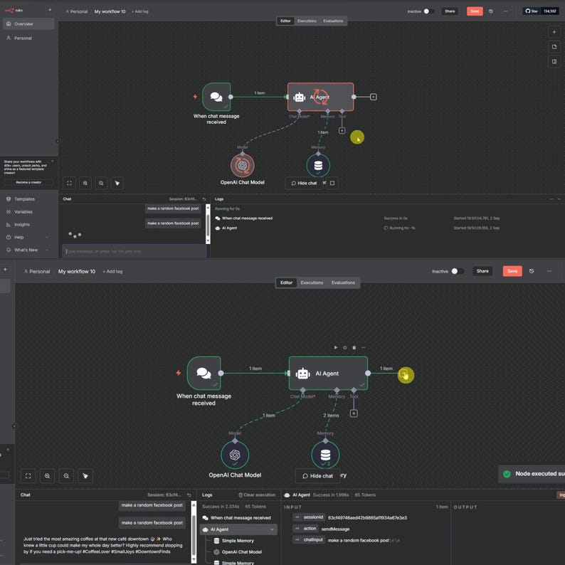 May include: A dark gray computer screen displays a workflow diagram with interconnected nodes. The diagram includes text labels like "When chat message received" and "AI Agent." The interface has a modern, clean design with a focus on functionality.