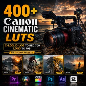 May include: Image promoting Canon cinematic LUTs, featuring a professional video camera with a red lens. The text highlights "400+ Canon Cinematic LUTs" and "Pro Color Presets." Before and after examples of photo editing are displayed, along with software icons.
