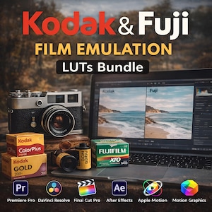 以下が含まれることがあります： ヴィンテージのシルバーとブラックのカメラが、フィルムの箱と「Kodak」と「Fuji」のブランドが表示されたラップトップの隣に置かれています。画像には「FILM EMULATION LUTs Bundle」というテキストと、ビデオ編集ソフトウェアのアイコンが含まれています。