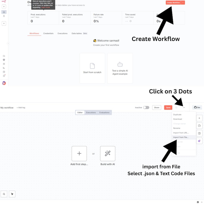 May include: Screenshot of a software interface with arrows pointing to key actions. The top section highlights 'Create Workflow'. The bottom section shows 'Click on 3 Dots' and 'import from File', with instructions to select .json & Text Code Files.