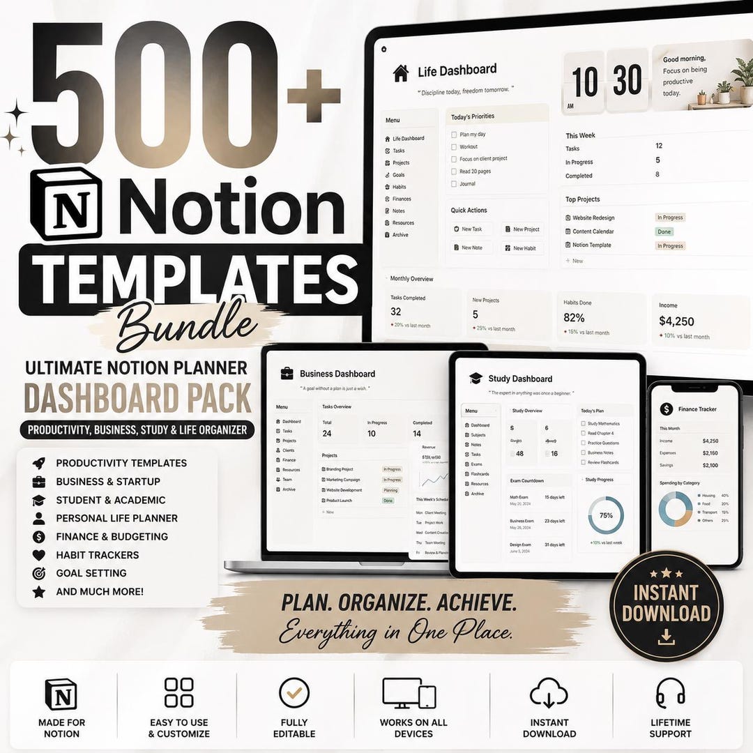 500+ Notion Templates Bundle | Ultimate Notion Planner Dashboard Pack ...