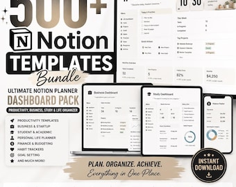 500+ Notion Templates Bundle | Ultimate Notion Planner Dashboard Pack | Productivity, Business, Study & Life Organizer