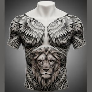 May include: A short-sleeved t-shirt featuring a black and white graphic print. The design includes large feathered wings across the chest and shoulders, with a detailed lion head centered on the abdomen, surrounded by intricate mechanical gear patterns.