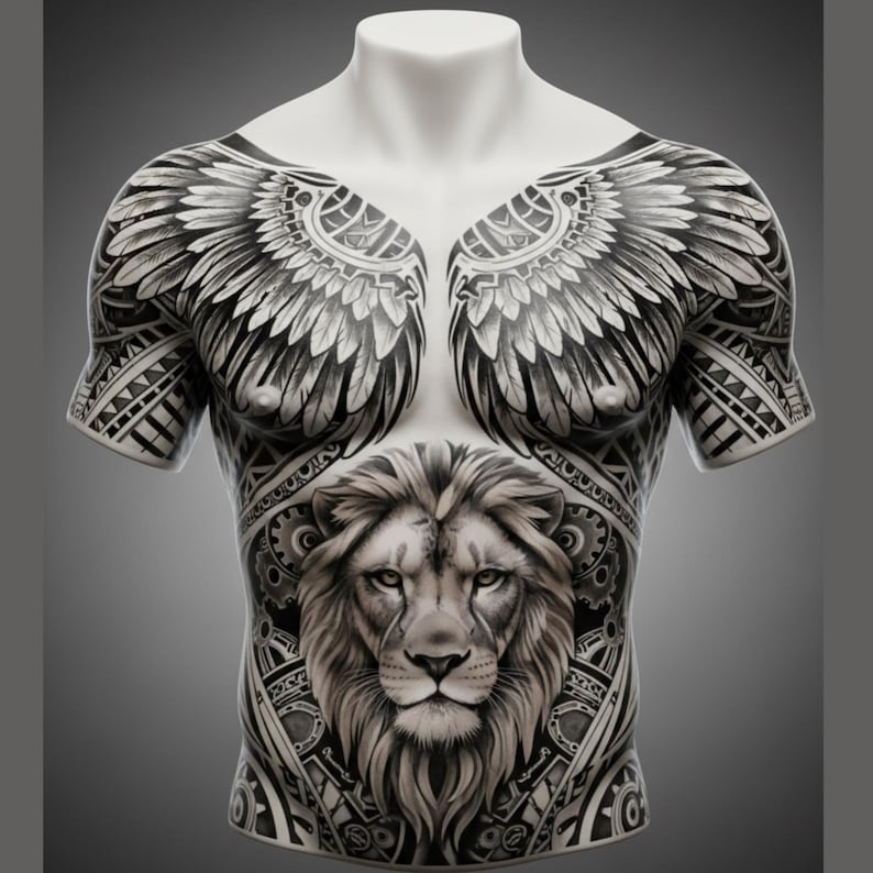May include: A short-sleeved t-shirt featuring a black and white graphic print. The design includes large feathered wings across the chest and shoulders, with a detailed lion head centered on the abdomen, surrounded by intricate mechanical gear patterns.