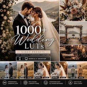 May include: A promotional image for wedding video presets. The image features a couple, wedding scenes, and before-and-after examples. Text includes "1000+ Wedding LUTs" and "Video Presets for Wedding Filmmakers & Editors."