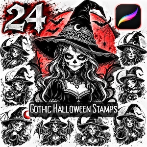 May include: A digital collection of 24 Gothic Halloween stamps featuring illustrations of witches with skull-like makeup, pointed hats, bats, spiders, and pumpkins against a red moon background, with the text Gothic Halloween Stamps.