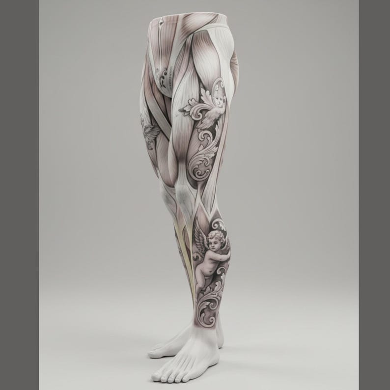 May include: Leggings featuring a detailed anatomical muscle print combined with intricate grayscale cherub and scrollwork illustrations. The design covers the entire length of the garment, showcasing a blend of biological structures and classical art motifs.