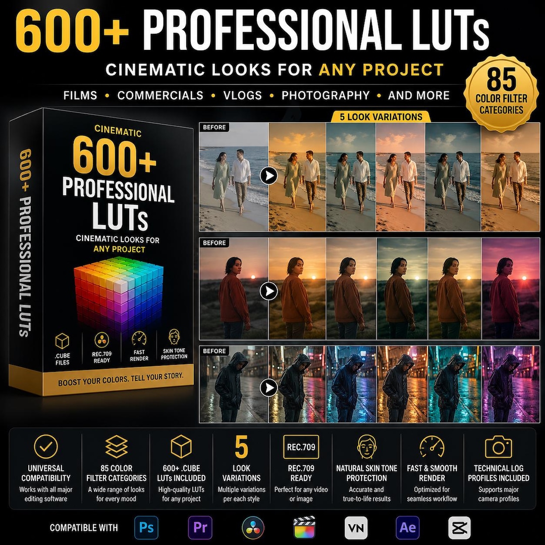 600+ Film Luts Bundle | Video Color Grading Pack | Vintage Styles ...